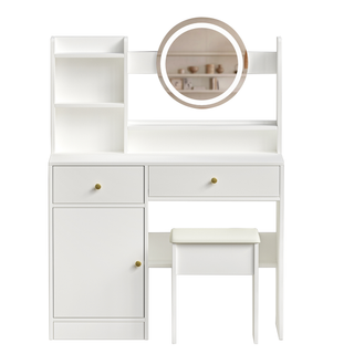 Fashion Vanity Desk with Mirror and Lights for Makeup and Cushioned Chair, Vanity Mirror with Lights and Table Set with 3 Color Lighting Brightness Adjustable,Dressing table,  White Color