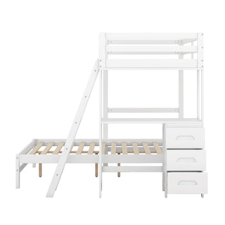 Twin over Full Bunk Bed with Built-in Desk and Three Drawers, White