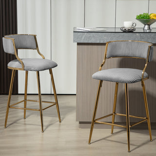 SET OF 2,26'' Counter height bar stools Corduroy kitchen island counter bar stool with back,golden chromed base and footrest (GREY)