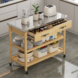 Stainless Steel Countertop Solid Wood Kitchen Cart with Storage Drawers and Shelves – Rotatable Kitchen Island with Steel Table Top and Tower Rack, Rolling Utility Trolley Cart for Kitchen and Dining