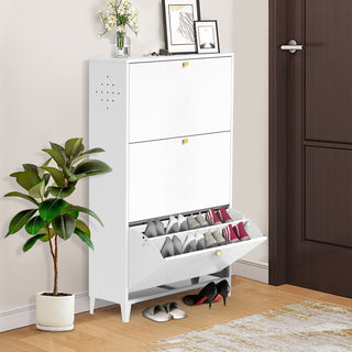 3-Drawer All Steel Shoe Cabinet, Freestanding Shoe Rack Storage Organizer with Flip Door, Modern Tipping Bucket Shoe Cabinet for Entryway, Hallway, Bedroom, White, Requires Assemble
