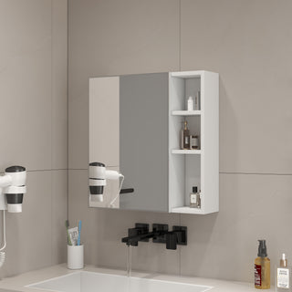 A white MDF material mirror cabinet, bathroom mirror, and a separate wall mounted bathroom mirror for storage and space saving.