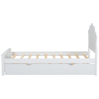 Twin Size Wood Platform Bed with Headboard and Twin Size Trundle, White