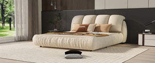 Queen Size Luxury Upholstered Bed with Thick Headboard, Velvet Queen Bed with Oversized Padded Backrest, Beige