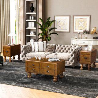 Rectangle 3-Piece Solid Wood Coffee Table Set, 1 Coffee Table & 2 End Tables with Rivet Decoration Legs, Antique Brown, Easy Assembly