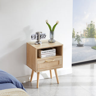 15.75" Rattan End table with  drawer and solid wood legs, Modern nightstand, side table for living room, bedroom,natural