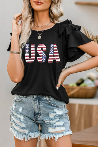 USA Round Neck Flounce Sleeve Top for Women