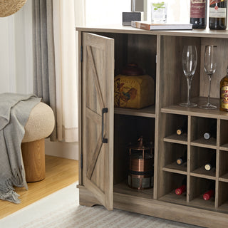  Farmhouse Coffee Bar Cabinet, Bar Cabinet with Wine Rack, Barn Door Buffet Sideboard Cabinet with Drawer, Adjustable Storage Shelves for Living Room, Dining Room, Gray Wash (31.515.7531.5)