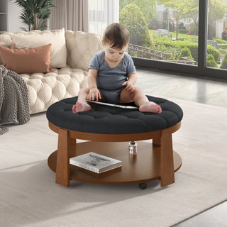 Modern Large Round Ottoman Coffee Table 2-Tier Oversized Button Tufted Ottoman with Wood Shelf Storage Upholstered Coffee Table for Living Room Footrest Ottoman with wheel, waterproof Linen