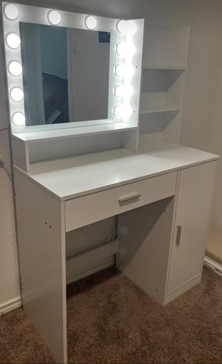 Vanity Desk with Mirror & Light, Large Drawer Three Level Storage Dresser, 3 Lighting Modes Adjustable Brightness, Bedroom Dressing Table (White)