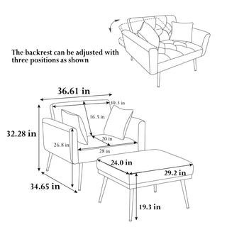 36.61" Wide Modern Accent Chair with 3 Positions Adjustable Backrest, Tufted Chaise Lounge Chair, Single Recliner Armchair with Ottoman and Gold Legs for Living Room, Bedroom , Gray