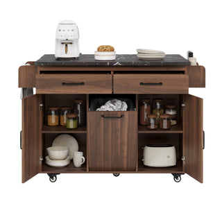 K&K Kitchen Island with Trash Can Storage Cabinet, Drop Leaf, Spice Rack, Towel Rack, Drawer, Rolling Kitchen Cart on Wheels with Adjustable Shelf, Walnut Brown