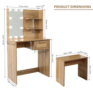 Vanity Desk Set Stool & Dressing Table with LED Lighting Mirror Drawer and Compartments Modern Wood Cosmetic Table Chest of Drawers Nature Color