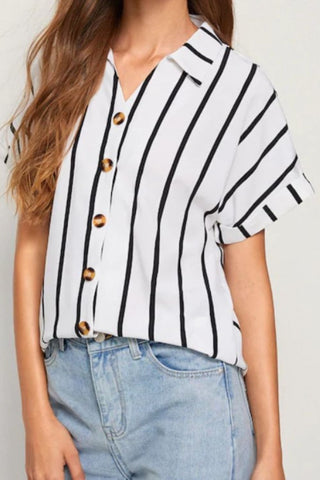 Striped Button Up Short Sleeve Shirt for Women