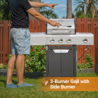 Propane Grill 3 Burner Barbecue Grill Stainless Steel Gas Grill with Side Burner and Cover for Outdoor BBQ, Camping