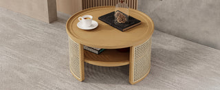 2-Tiered Round Natural Wood Coffee Table with Storage Rattan Base in 31.3''