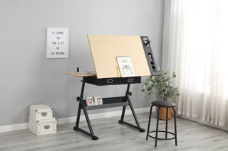 Adjustable drafting table with 2 drawers and stool (wood) for home office and school