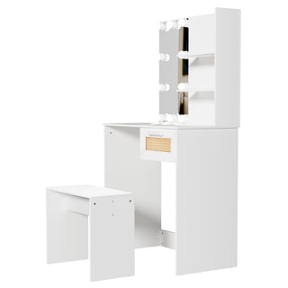 Vanity Desk Set Stool & Dressing Table with LED Lighting Mirror Drawer and Compartments Modern Wood Cosmetic Table Chest of Drawers White Color