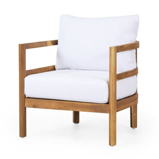 Outdoor Acacia Wood Patio Club Chair - Waterproof Thick Cushion Deep Seating, 400lbs Weight Capacity, for Porch, Garden, Backyard, Balcony (Light Teak Finish, White)