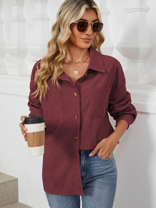 Button Up Dropped Shoulder Long Sleeve Outerwear