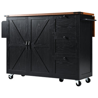 K&K 54.5" Farmhouse Kitchen Island with Power Outlet, Internal Storage Rack, Drop Leaf, Spice Rack, Rolling Cart on Wheels, for Kitchen, Dining Room, Black