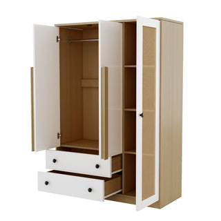 
3-Doors Wooden Rattan Wardrobe Storage for Bedroom,with 2 Drawers,White+Nature
