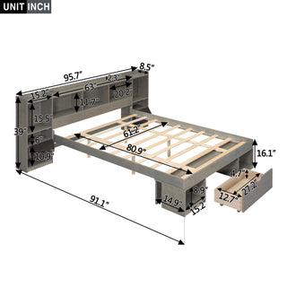 Queen Size Wood Platform Bed with Multi-storage Headboard and a Drawer, Gray