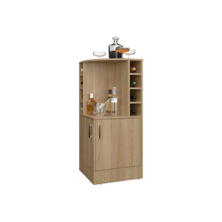 Fm Furniture Toyei Corner Bar Cabinet with Bottle Rack, Open Shelves, and Hidden Storage, Natural Oak