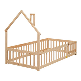 Twin House-Shaped Headboard Floor Bed with Fence – Natural Wooden Bed Frame