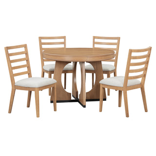 TREXM 5-Piece Retro Rustic Functional Dining Set – 1 Extendable Table with 16-Inch Leaf and 4 Upholstered Chairs, Unique Geometric Design, Ideal for Dining Room and Kitchen (Natural)