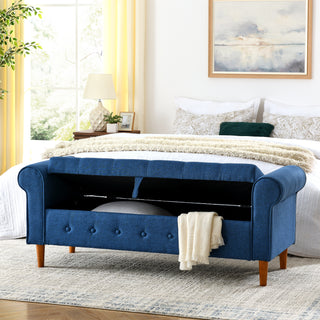 62" Bedroom Tufted Button Storage Bench, Modern Fabric Upholstered Ottoman, Window Bench, Rolled Arm Design for Bedroom, Living Room, Foyer (Blue)