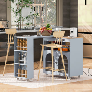 K&K Rolling Kitchen Island with Extended Table, LED Lights, Power Outlets, 2 Fluted Glass Doors, Storage Compartment and 3 Open Shelves, Grey