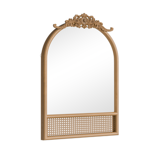 36"*24"Solid wood carved rattan right-angled arched brown wall mirror Decorative Bathroom Mirror with Elegant Scalloped Design