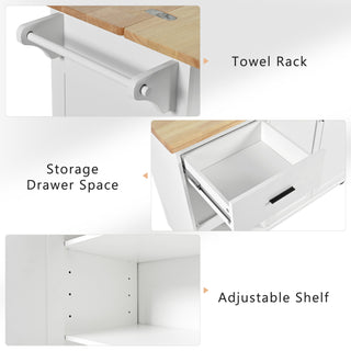 K&K Kitchen Island with Foldable Countertop, Rolling Storage Cart with Slide-Out Shelf, Towel Rack, Drawer, and Wheels, for Kitchen, Dining Room, Living Room, White