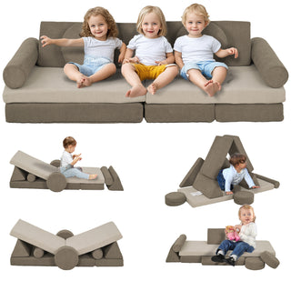 Qaba Modular Kids Play Couch, 12 Piece Kids Couch for Playroom Bedroom, Convertible Sofa Lounger for Boys & Girls, Khaki