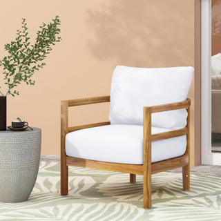 Outdoor Acacia Wood Patio Club Chair - Waterproof Thick Cushion Deep Seating, 400lbs Weight Capacity, for Porch, Garden, Backyard, Balcony (Light Teak Finish, White)