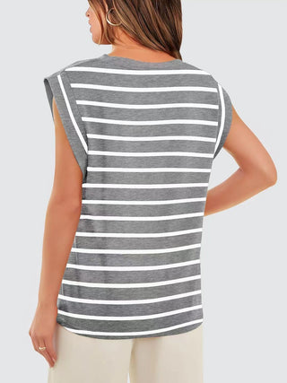 Striped Round Neck Cap Sleeve T-Shirt for Women