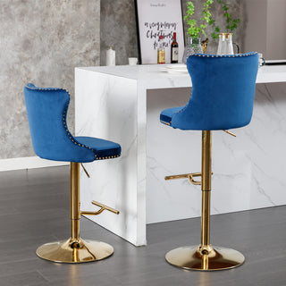 A&A Furniture,Golden Swivel Velvet Barstools Adjusatble Seat Height from 25-33 Inch, Modern Upholstered Bar Stools with Backs Comfortable Tufted for Home Pub and Kitchen Island,Blue,Set of 2