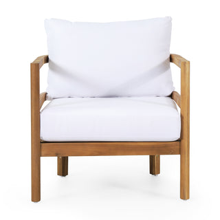 Outdoor Acacia Wood Patio Club Chair - Waterproof Thick Cushion Deep Seating, 400lbs Weight Capacity, for Porch, Garden, Backyard, Balcony (Light Teak Finish, White)