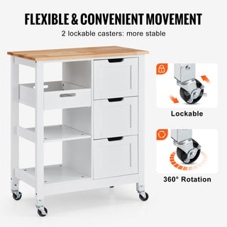 Rolling Small Kitchen Island Cart with Solid Wood Top, Mobile Utility Cart on Wheels with 3 Drawers and Storage Shelves, White Dining Room Serving Cabinet