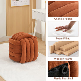 060-Chenille Fabric Modern Knot Design Ottoman Makeup Stool Footstool, Comfortable and Stylish Seat for Living Room, Bedroom,Orange