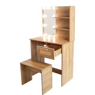 Vanity Desk Set Stool & Dressing Table with LED Lighting Mirror Drawer and Compartments Modern Wood Cosmetic Table Chest of Drawers Nature Color