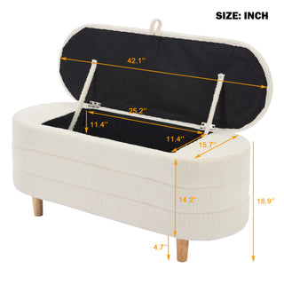 Elegant Upholstered Sherpa Fabric  Storage Ottoman with Wood Legs, Storage Bench for Bedroom, Living Room, White