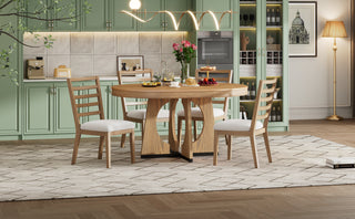 TREXM 5-Piece Retro Rustic Functional Dining Set – 1 Extendable Table with 16-Inch Leaf and 4 Upholstered Chairs, Unique Geometric Design, Ideal for Dining Room and Kitchen (Natural)