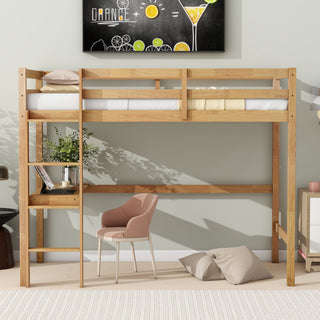 
Twin High Loft Bed, Rubber Wood with Safety Guardrail, Built-in Desk and Ladder, White Oak
