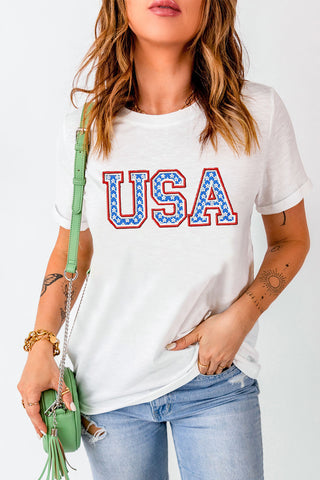 U.S.A Graphic Embroidered Round Neck T-Shirt for Women