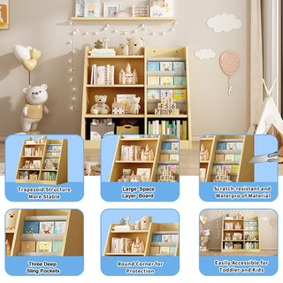 Wooden Toy Storage Organizer Cabinet Natural/ Wood Kids Bookshelf  Children Bookcase Toddler Baby Sling Book Rack Adjustable Shelf for Playroom Bedroom Nursery Hallway School Kindergarten Living room