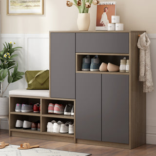 ON-TREND 2-in-1 Shoe Storage Bench & Shoe Cabinet, Multi-functional Shoe Rack with Padded Seat, Adjustable Shelves for Hallway, Grey