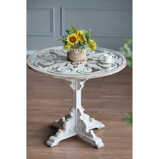 24x28.5" Round Wooden Carved Table, Distressed White Finish Design