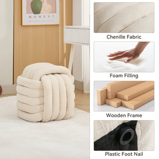 060-Chenille Fabric Modern Knot Design Ottoman Makeup Stool Footstool, Comfortable and Stylish Seat for Living Room, Bedroom ,Beige